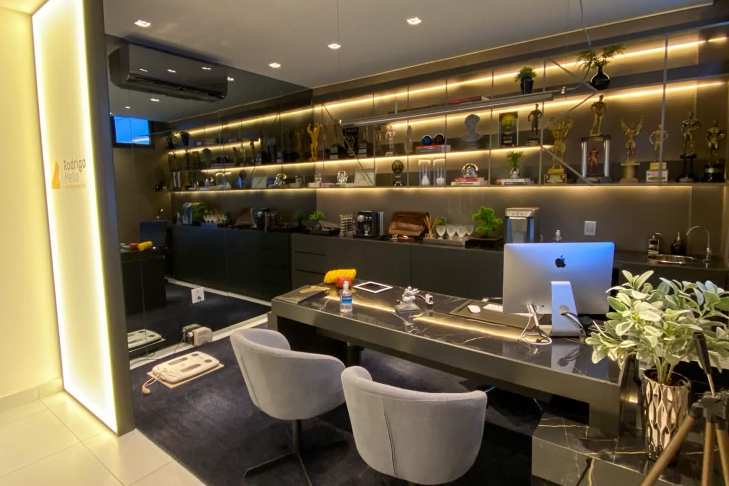 Sala de atendimento do Instituto Rodrigo Mello, com a estante de troféus